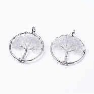 Natural Quartz Crystal Pendants, Rock Crystal Pendants, with Brass Findings, Flat Round with Tree of Life, Platinum, 29x5~7mm, Hole: 4.5mm(G-E419-21P)