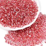 6/0 Baking Paint Transparent Glass Seed Beads, Silver Lined, Teardrop, Light Coral, 4~5x4~4.5x3~4mm, Hole: 1~1.2mm, about 4500pcs/pound(SEED-N006-06F)