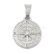 304 Stainless Steel Rhinestone Pendants, Flat Round with Compass Charm, Stainless Steel Color, 19x16x4mm, Hole: 3x7.5mm(STAS-D112-12P-01)