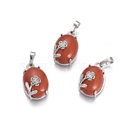 Natural Red Jasper Pendants, with Platinum Tone Brass Findings, Oval with Flower, 22x13.8x10.3mm, Hole: 6x3.5mm(G-L512-I18)