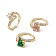 Rack Plating Brass Cubic Zirconia Cuff Rings for Women, Rectangle Long-Lasting Plated Open Ring, Lead Free & Cadmium Free, Real 18K Gold Plated, Mixed Color, 2.3~3mm, Inner Diameter: US Size 7 3/4(17.9mm), Rectangle: 7.5x5.5mm/4.5x4mm(RJEW-M145-25G)
