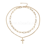 Vacuum Plating 304 Stainless Steel Double Chains Multi Layered Necklace with Cross Charms for Women, Golden, 16.34 inch(41.5cm)(STAS-E155-09G)