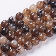 Natural Striped Agate/Banded Agate Beads Strands, Faceted, Dyed, Round, Saddle Brown, 10mm, Hole: 1.2mm(G-G581-10mm-11)