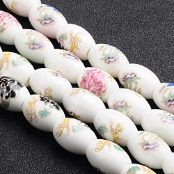 Flower Printed Handmade Porcelain European Beads, Large Hole Barrel Beads, Mixed Color, 20x15mm, Hole: 5mm(PORC-I005-M)