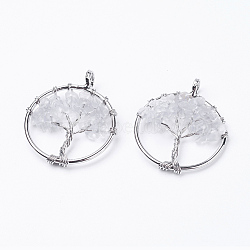 Natural Quartz Crystal Pendants, Rock Crystal Pendants, with Brass Findings, Flat Round with Tree of Life, Platinum, 29x5~7mm, Hole: 4.5mm(G-E419-21P)