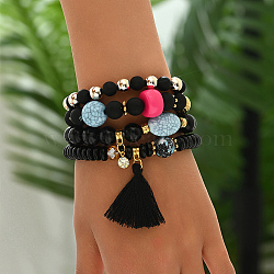 Fashionable Real 14K Gold Plated Beaded Bracelet Set, Tassel Stretch Bracelets for Women(RV3386)