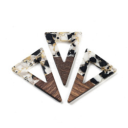 Walnut Wood Pendants, Resin and Gold foil, Triangle, Black, 45x30x3.5mm, Hole: 2mm(FIND-Z050-03F)