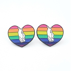 Alloy Pride Enamel Brooches, Enamel Pin, with Butterfly Clutches, Rainbow Heart with Hand, Electrophoresis Black, Colorful, 26.5x32.5x11mm(JEWB-M020-04-P)