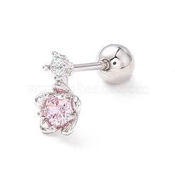 Pink Cubic Zirconia Sakura Stud Earrings for Women, Dainty Brass Earrings with Screw Back Ball Tragus, Platinum, 8x5.5x2.3mm, Pin: 0.7mm(EJEW-A065-05P)