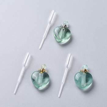 Natural Green Fluorite Openable Perfume Bottle Pendants, with 304 Stainless Steel Findings and Plastic Transfer Pipettes, Heart, 37.5~38x25~25.5x11~12mm, Hole: 1.6mm, 1pc/set, Capacity: 2.5ml(0.08 fl. oz)