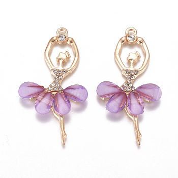 Alloy Big Pendants, with Resin & Crystal Rhinestone, Faceted, Ballerina, Golden, Medium Orchid, 59~60x30~31x4.5mm, Hole: 2.5mm
