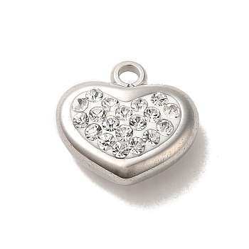 304 Stainless Steel Charms, with Crystal Rhinestone, Heart Charm, Stainless Steel Color, 11x11x5.5mm, Hole: 1.6mm
