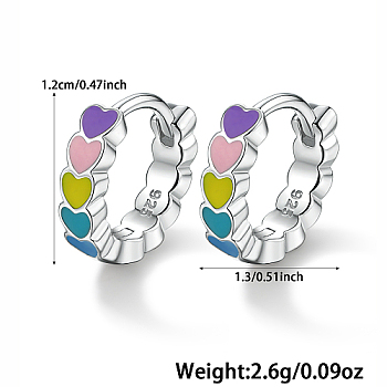 Rhodium Plated 925 Sterling Silver Hoop Earring for Women, with Heart-shaped Enamel, Platinum, 12x13mm