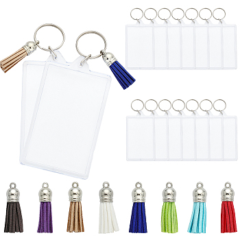CHGCRAFT 16Pcs Rectangle Acrylic Photo Frame Keychain, with Iron Key Ring, with 16Pcs 8 Colors Suede Tassels, Mixed Color, 3.8~12.2x1cm