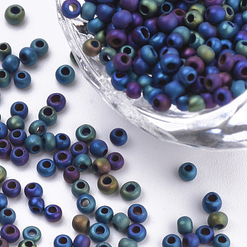 Glass Seed Beads, Frosted Style, Metallic, Round, Medium Blue, 2.3x1.5mm, Hole: 0.8mm, about 30000pcs/bag, about 450g/bag