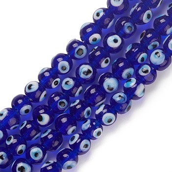 Handmade Evil Eye Lampwork Bead Strands, Round, Medium Blue, 8~8.5x7.5~8.5mm, Hole: 1.6mm, about 50pcs/strand, 13.98~14.25''(35.5~36.2cm)