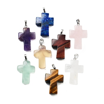 Natural Mixed Gemstone Pendants, Religion Cross Charms with Rack Plating Platinum Tone Brass Snap on Bails, 35x23x9mm, Hole: 7x4mm