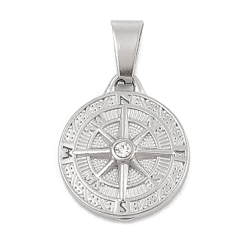 304 Stainless Steel Rhinestone Pendants, Flat Round with Compass Charm, Stainless Steel Color, 19x16x4mm, Hole: 3x7.5mm