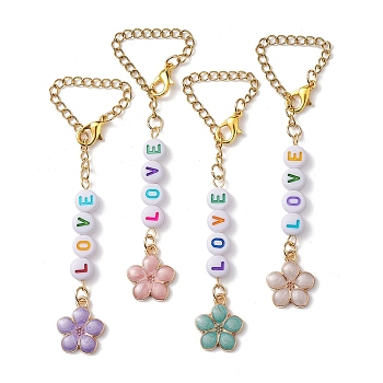 LOVE Acrylic Cup Charms, with 304 Stainless Steel Chains,  Alloy Enamel Flower Charms, Mixed Color, 87mm