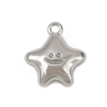 Brass Pendants, Star with Smile Face Charms, Long-Lasting Plated, Cadmium Free & Nickel Free & Lead Free, Platinum, 12.5x11.5x4mm, Hole: 1.4mm