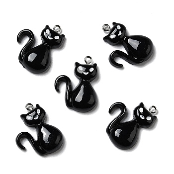 Halloween Opaque Resin Pendants, with Platinum Tone Iron Loops, Cat, Black, 28x21x6mm, Hole: 2mm