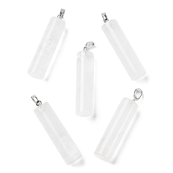 Natural Quartz Crystal Pendants, Rock Crystal Pendants, Column Charms with Platinum Plated Brass Snap on Bails, 40.8~42x10~10.5mm, Hole: 7.2x4.2mm