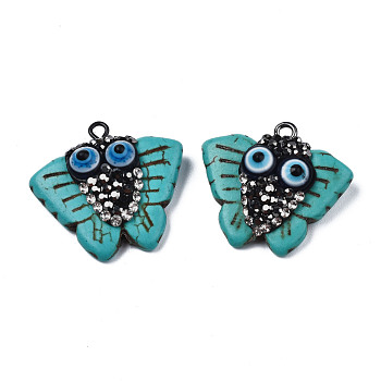 Synthetic Turquoise Pendants, with Polymer Clay Rhinestones, Evil Eye Resin and Iron Loop, Dyed, Butterfly, Gunmetal, Turquoise, PP12(1.8~1.9mm), 23x26x8~9.5mm, Hole: 2mm