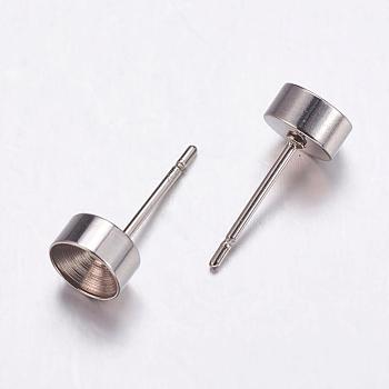 201 Stainless Steel Stud Earring Findings, for Pointed Back Rivoli Rhinestone, Flat Round, Stainless Steel Color, Tray: 5mm, 6x3mm, Pin: 0.9mm