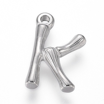 304 Stainless Steel Pendants, Bamboo Shaped Letter, Stainless Steel Color, Letter.K, 17.5~19x10~16x3~4mm, Hole: 1.8~2mm