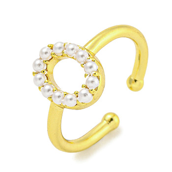 Rack Plating Brass Open Cuff Rings for Women, with ABS Imitation Pearl, Cadmium Free & Lead Free, Long-Lasting Plated, Letter, Letter O, Inner Diameter: 17mm, Letter O: 11x9mm