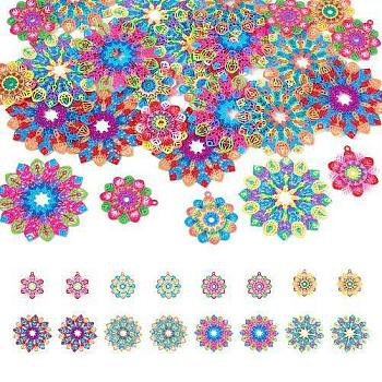 32Pcs 8 Styles Spray Painted 430 Stainless Steel Filigree Pendants, Flower Charm, Mixed Color, 22~35x20~35x0.5mm, Hole: 1.2~1.4mm, 4pcs/style
