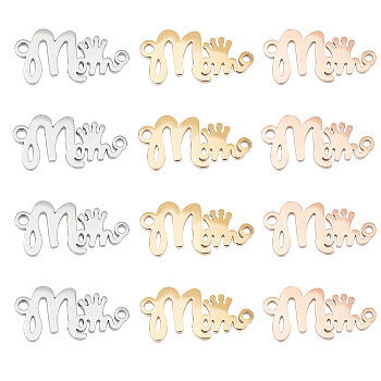 12Pcs 3 Colors 304 Stainless Steel Pendants, Word Mom and Crown, Mixed Color, 18.5x9x1mm, Hole: 1.2mm, 4pcs/color