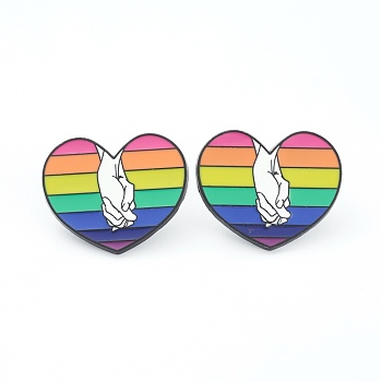 Alloy Pride Enamel Brooches, Enamel Pin, with Butterfly Clutches, Rainbow Heart with Hand, Electrophoresis Black, Colorful, 26.5x32.5x11mm