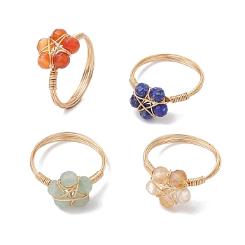 4Pcs 4 Style Natural Mixed Gemstone Star Finger Rings, Brass Wire Wrap Rings Set, Inner Diameter: 17.5~18mm, 1Pc/style