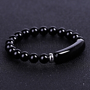 Natural Black Agate Curved Rectangle Beaded Stretch Bracelet, 7-1/4~7-1/2 inch(18.5~19cm)(PW-WG67660-03)