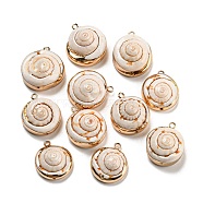 Natural Conch Shell Pendants, Flat Round Charms with Brass Edge, Golden, 21~22.5x18~19.5x9.5~15mm, Hole: 1.6mm(BSHE-G034-14)