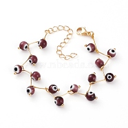 Handmade Evil Eye Lampwork  Beaded Bracelets, with 304 Stainless Steel Ball Head Pins and Lobster Claw Clasps, Round, Golden, Purple, 6-3/8 inch(16.2cm)(BJEW-JB05855-02)