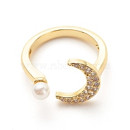 Clear Cubic Zirconia Moon Open Cuff Ring with Imitation Pearl for Women, Cadmium Free & Lead Free, Real 18K Gold Plated, US Size 6 1/4(16.7mm)(RJEW-A003-01G)