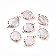 Electroplated Natural Keshi Pearl Flat Round Connector Charms, Cultured Freshwater Pearl Baroque Pearls Links, Golden, Seashell Color, 23.5~28.5x15.5~17x4.5~8.5mm, Hole: 1.8mm(PEAR-S018-03I-01)