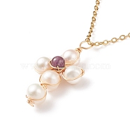 Natural Amethyst & Pearl Braided Cross Pendant Necklace, 304 Stainless Steel Wire Wrap Jewelry for Women, 17.72 inch(45cm)(NJEW-JN03920-01)