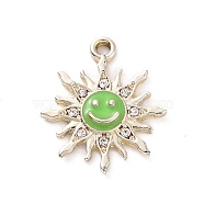 Alloy Enamel Pendants, with Crystal Rhinestone, Smiling Sun Charms, Golden, Lime Green, 22.5x19.5x2.5mm, Hole: 2mm(ENAM-P245-01G-04)