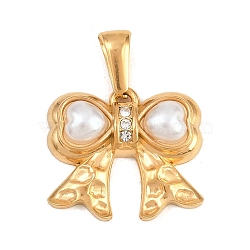 Hammered 304 Stainless Steel Plastic Imitation Pearl Pendants, Bowknot Charms, with Rhinestone, Golden, 18x20.5x5mm, Hole: 5x2.5mm(STAS-Z194-02G-01)
