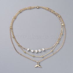 3 Layered Necklaces, with Natural Pearl, Brass Chains and Pendants, Whale Tail Shape, White, Real 18K Gold Plated, 14.17 inch(36cm)(X-NJEW-JN02560)