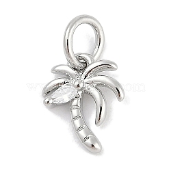 Brass Micro Pave Cubic Zirconia Pendants, Coconut Tree Charms, Lead Free & Cadmium Free, Long-Lasting Plated, Rack Plating, with Jump Ring, Platinum, 10.5x7.5x2mm, Hole: 3mm(KK-Q028-61P)