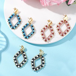 3 Pairs Rhombus Mixed Stone & Glass Seed Beads Dangle Stud Earrings, with 304 Stainless Steel Stud Earring Findings, Golden, Mixed Color, 44x29mm(EJEW-MZ00666)