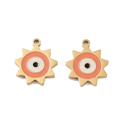 Ion Plating(IP) 316 Surgical Stainless Steel Charms, with Enamel, Sun with Evil Eye Charm, Real 18K Gold Plated, Coral, 14x12x1.5mm, Hole: 1mm(STAS-U014-54G-01)