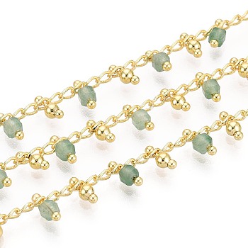 Brass Curb Chains, with Natural Green Aventurine Beads, Soldered, with Spool, Long-Lasting Plated, Golden, Soldered, Cube, 5~6x2~2.5x2~2.5mm