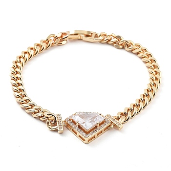 Cubic Zirconia Link Bracelet with Golden Brass Curb Chains, Long-Lasting Plated, Diamond, 7-7/8 inch(20.1cm)