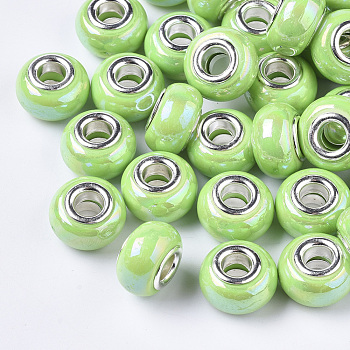 Opaque Resin European Beads, Large Hole Beads, Imitation Porcelain, with Platinum Tone Brass Double Cores, AB Color, Rondelle, Pale Green, 14x9mm, Hole: 5mm