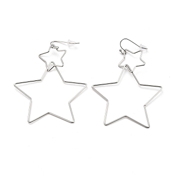 Interlock Double Open Star Dangle Earrings, 304 Stainless Steel Wire Wrap Large Geometry Drop Earrings for Women, Stainless Steel Color, 75mm, Pin: 0.6mm